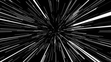 Soyut hiperuzay arkaplanı. Işık hızı, hareket halindeki beyaz ışınlar.