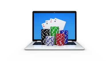 Dizüstü bilgisayardaki Kumar Para Çipleri Poker Kartları. Online Kumarhane. 3d hazırlayıcı.