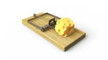 Peynirli fare kapanı. Fare yakalamak için bekleyen lezzetli bir parça peynir. Geleneksel fare kapanı. 3d hazırlayıcı.