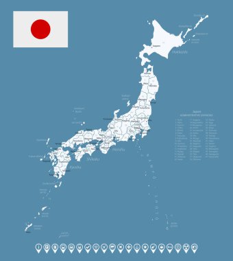 Japonya - şehirlerin ve bölgelerin detaylı ülke haritası. Bilgi simgeleri. Vektör illüstrasyonu