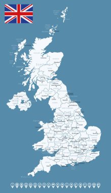 Birleşik Krallık - şehirler ve bölgelerle detaylı ülke haritası. Bilgi simgeleri. Vektör illüstrasyonu