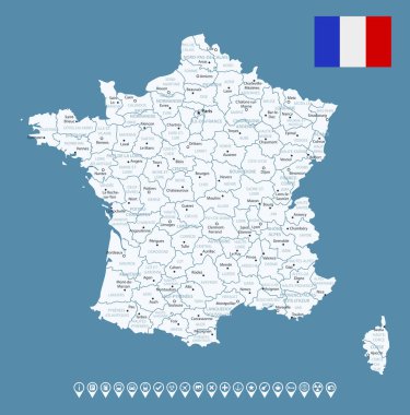 Fransa - şehirlerin ve bölgelerin detaylı ülke haritası. Bilgi simgeleri. Vektör illüstrasyonu