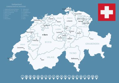 İsviçre - şehirlerin ve bölgelerin detaylı ülke haritası. Bilgi simgeleri. Vektör illüstrasyonu