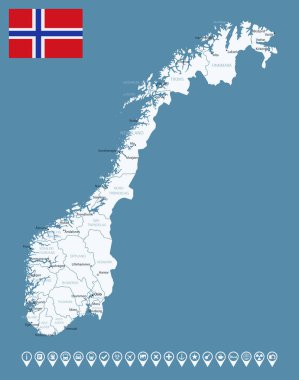 Norveç - şehirlerin ve bölgelerin detaylı ülke haritası. Bilgi simgeleri. Vektör illüstrasyonu