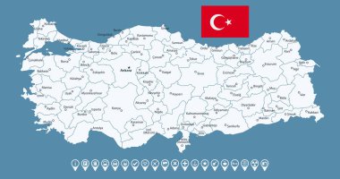 Türkiye - şehirler ve bölgelerle detaylı ülke haritası. Bilgi simgeleri. Vektör illüstrasyonu