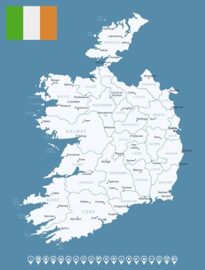 İrlanda - şehirlerin ve bölgelerin detaylı ülke haritası. Bilgi simgeleri. Vektör illüstrasyonu