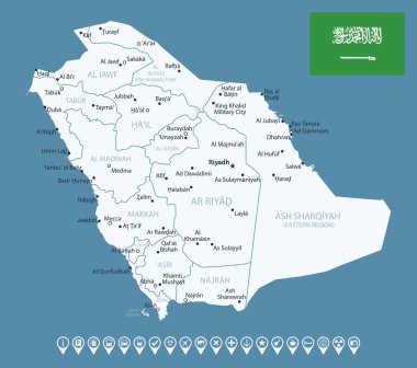 Suudi Arabistan - şehirler ve bölgelerle detaylı ülke haritası. Bilgi simgeleri. Vektör illüstrasyonu