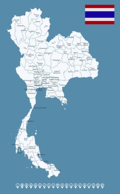 Tayland - şehirlerin ve bölgelerin detaylı ülke haritası. Bilgi simgeleri. Vektör illüstrasyonu