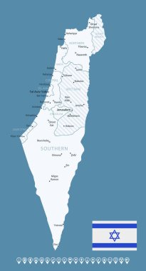 İsrail - şehirler ve bölgelerle detaylı ülke haritası. Bilgi simgeleri. Vektör illüstrasyonu