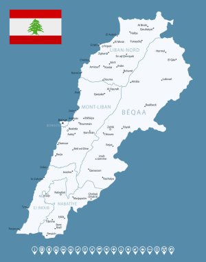 Lübnan - şehirlerin ve bölgelerin detaylı ülke haritası. Bilgi simgeleri. Vektör illüstrasyonu