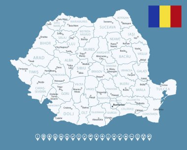 Romanya - şehirler ve bölgelerle detaylı bir ülke haritası. Bilgi simgeleri. Vektör illüstrasyonu
