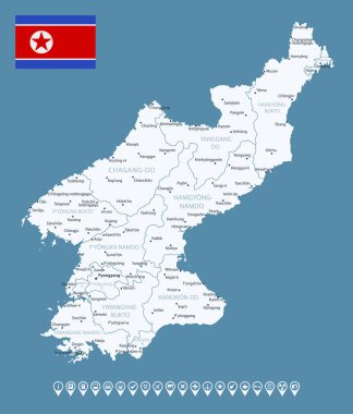 Kuzey Kore - şehirlerin ve bölgelerin detaylı ülke haritası. Bilgi simgeleri. Vektör illüstrasyonu