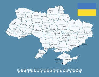 Ukrayna - şehirlerle ve bölgelerle detaylı ülke haritası. Bilgi simgeleri. Vektör illüstrasyonu