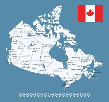 Kanada - şehirlerin ve bölgelerin detaylı ülke haritası. Bilgi simgeleri. Vektör illüstrasyonu