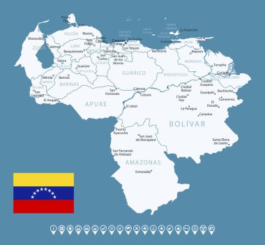 Venezuela - şehirlerle ve bölgelerle detaylı ülke haritası. Bilgi simgeleri. Vektör illüstrasyonu