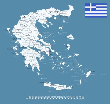 Yunanistan - şehirler ve bölgelerle detaylı ülke haritası. Bilgi simgeleri. Vektör illüstrasyonu