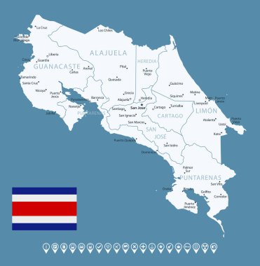 Kosta Rika - şehirler ve bölgelerle detaylı ülke haritası. Bilgi simgeleri. Vektör illüstrasyonu