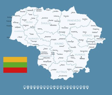 Litvanya - şehirler ve bölgelerle detaylı ülke haritası. Bilgi simgeleri. Vektör illüstrasyonu