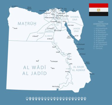 Mısır - şehirlerin ve bölgelerin detaylı ülke haritası. Bilgi simgeleri. Vektör illüstrasyonu