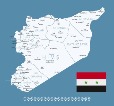 Suriye - şehirlerle ve bölgelerle detaylı ülke haritası. Bilgi simgeleri. Vektör illüstrasyonu