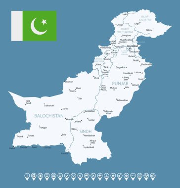 Pakistan - şehirlerin ve bölgelerin detaylı ülke haritası. Bilgi simgeleri. Vektör illüstrasyonu