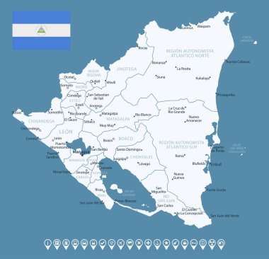 Nikaragua - şehirlerle ve bölgelerle detaylı ülke haritası. Bilgi simgeleri. Vektör illüstrasyonu