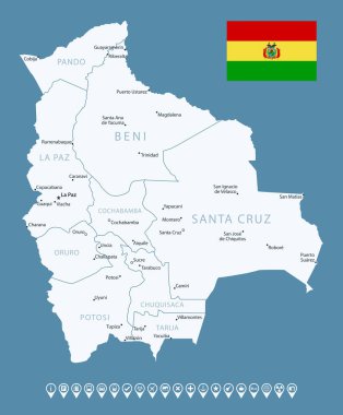 Bolivya - şehirlerin ve bölgelerin detaylı ülke haritası. Bilgi simgeleri. Vektör illüstrasyonu