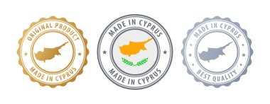 Made in Cyprus- set of stamps with map and flag. Best quality. Original product. Vector illustration clipart