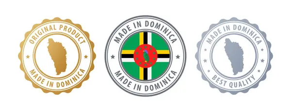 stock vector Made in Dominica - set of stamps with map and flag. Best quality. Original product. Vector illustration