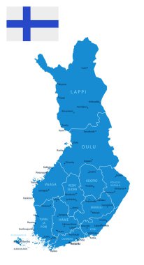 Finlandiya - şehirlerin ve bölgelerin detaylı mavi ülke haritası. Vektör illüstrasyonu.
