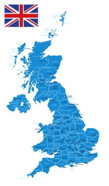 Birleşik Krallık - şehirlerle ve bölgelerle detaylı bir mavi ülke haritası. Vektör illüstrasyonu.