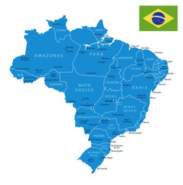 Brezilya - şehirlerle ve bölgelerle detaylı bir mavi ülke haritası. Vektör illüstrasyonu.