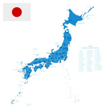 Japonya - şehirlerin ve bölgelerin detaylı mavi ülke haritası. Vektör illüstrasyonu.