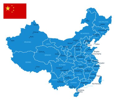 Çin - şehirlerin ve bölgelerin detaylı mavi ülke haritası. Vektör illüstrasyonu.