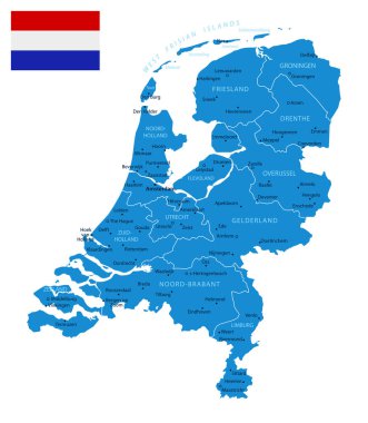 Hollanda - şehirlerle ve bölgelerle detaylı bir mavi ülke haritası. Vektör illüstrasyonu.