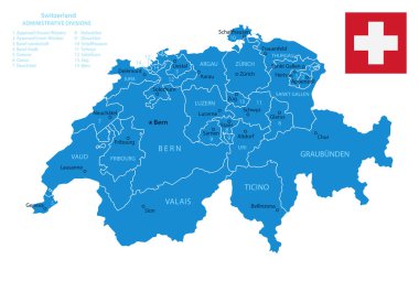 İsviçre - şehirlerin ve bölgelerin detaylı mavi ülke haritası. Vektör illüstrasyonu.