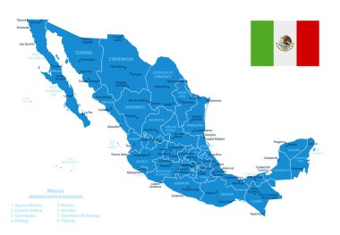 Meksika - şehirlerle ve bölgelerle detaylı bir mavi ülke haritası. Vektör illüstrasyonu.