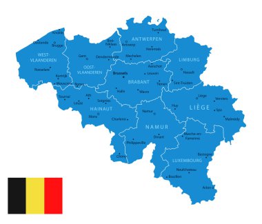 Belçika - şehirlerin ve bölgelerin detaylı mavi ülke haritası. Vektör illüstrasyonu.