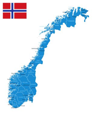 Norveç - şehirlerin ve bölgelerin detaylı mavi ülke haritası. Vektör illüstrasyonu.