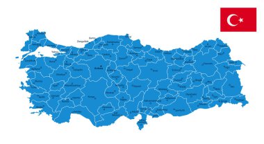 Türkiye - şehirlerle ve bölgelerle detaylı bir mavi ülke haritası. Vektör illüstrasyonu.