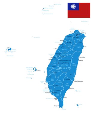 Tayvan - şehirlerle ve bölgelerle detaylı bir mavi ülke haritası. Vektör illüstrasyonu.