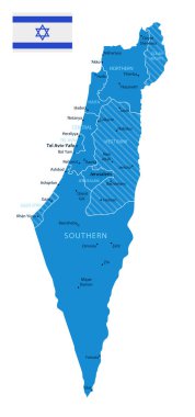 İsrail - şehirlerin ve bölgelerin detaylı mavi ülke haritası. Vektör illüstrasyonu.