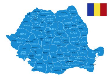 Romanya - şehirleri ve bölgeleri olan ayrıntılı bir mavi ülke haritası. Vektör illüstrasyonu.