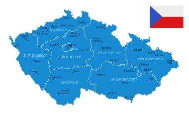 Çek Cumhuriyeti - şehirler ve bölgelerle detaylı bir mavi ülke haritası. Vektör illüstrasyonu.