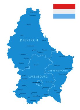 Lüksemburg - şehirlerle ve bölgelerle detaylı bir mavi ülke haritası. Vektör illüstrasyonu.