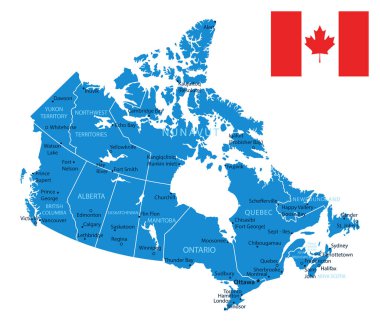 Kanada - şehirlerin ve bölgelerin detaylı mavi ülke haritası. Vektör illüstrasyonu.