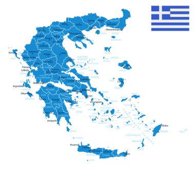 Yunanistan - şehirler ve bölgelerle birlikte ayrıntılı bir mavi ülke haritası. Vektör illüstrasyonu.