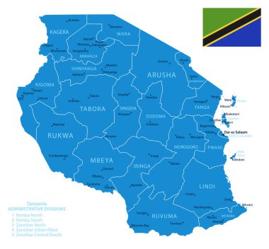 Tanzanya - şehirlerin ve bölgelerin detaylı mavi ülke haritası. Vektör illüstrasyonu.