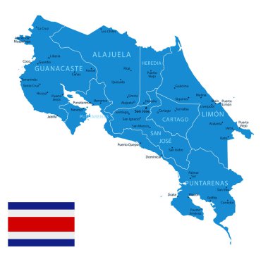 Kosta Rika - şehirlerin ve bölgelerin detaylı mavi ülke haritası. Vektör illüstrasyonu.