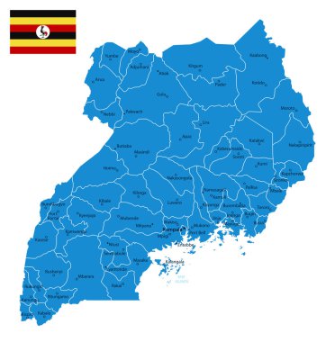Uganda - şehirlerin ve bölgelerin detaylı mavi ülke haritası. Vektör illüstrasyonu.